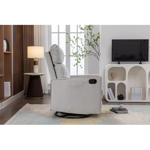 038-Cotton Linen Fabric Swivel Rocking Chair Glider Rocker Recliner Nursery Chair With Adjustable Back And Footrest For Living Room Indoor,Light Gray
