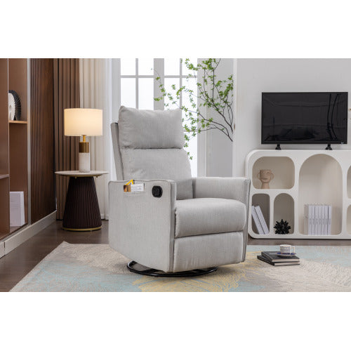 038-Cotton Linen Fabric Swivel Rocking Chair Glider Rocker Recliner Nursery Chair With Adjustable Back And Footrest For Living Room Indoor,Light Gray
