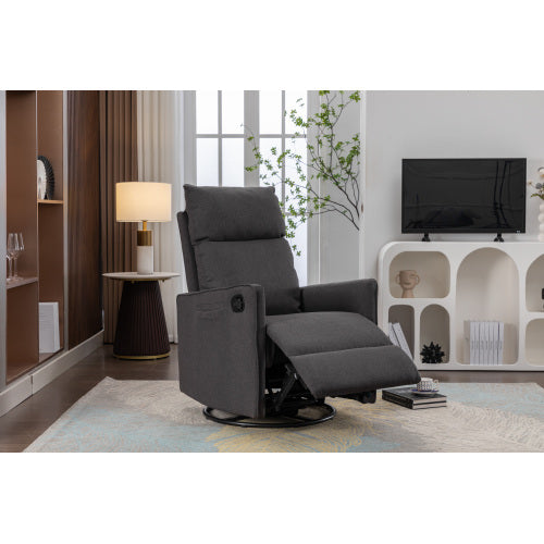 038-Cotton Linen Fabric Swivel Rocking Chair Glider Rocker Recliner Nursery Chair With Adjustable Back And Footrest For Living Room Indoor,Dark Gray