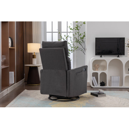 038-Cotton Linen Fabric Swivel Rocking Chair Glider Rocker Recliner Nursery Chair With Adjustable Back And Footrest For Living Room Indoor,Dark Gray