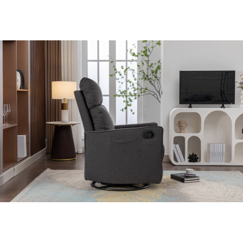 038-Cotton Linen Fabric Swivel Rocking Chair Glider Rocker Recliner Nursery Chair With Adjustable Back And Footrest For Living Room Indoor,Dark Gray