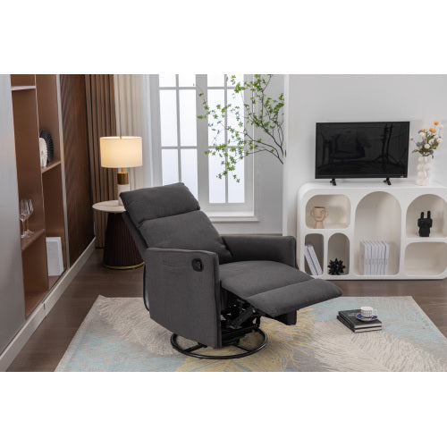038-Cotton Linen Fabric Swivel Rocking Chair Glider Rocker Recliner Nursery Chair With Adjustable Back And Footrest For Living Room Indoor,Dark Gray