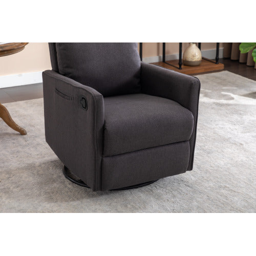 038-Cotton Linen Fabric Swivel Rocking Chair Glider Rocker Recliner Nursery Chair With Adjustable Back And Footrest For Living Room Indoor,Dark Gray