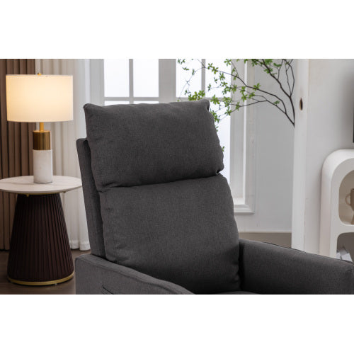 038-Cotton Linen Fabric Swivel Rocking Chair Glider Rocker Recliner Nursery Chair With Adjustable Back And Footrest For Living Room Indoor,Dark Gray