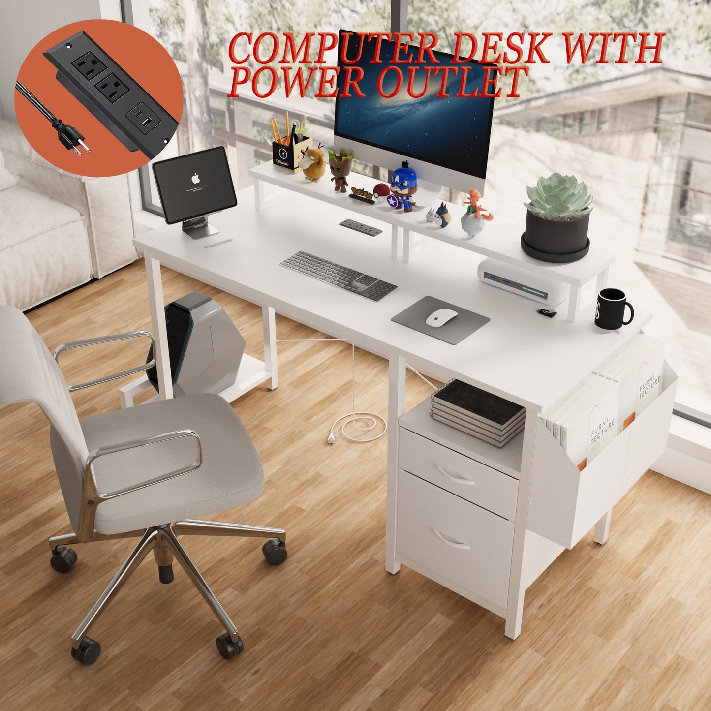 47.3"office desk with power outlet,2 Monitor Stands,2 drawers,Side Pocket,Easy to Assemble,Frame stability Reversible,use for home desk, computer desk, game table,White