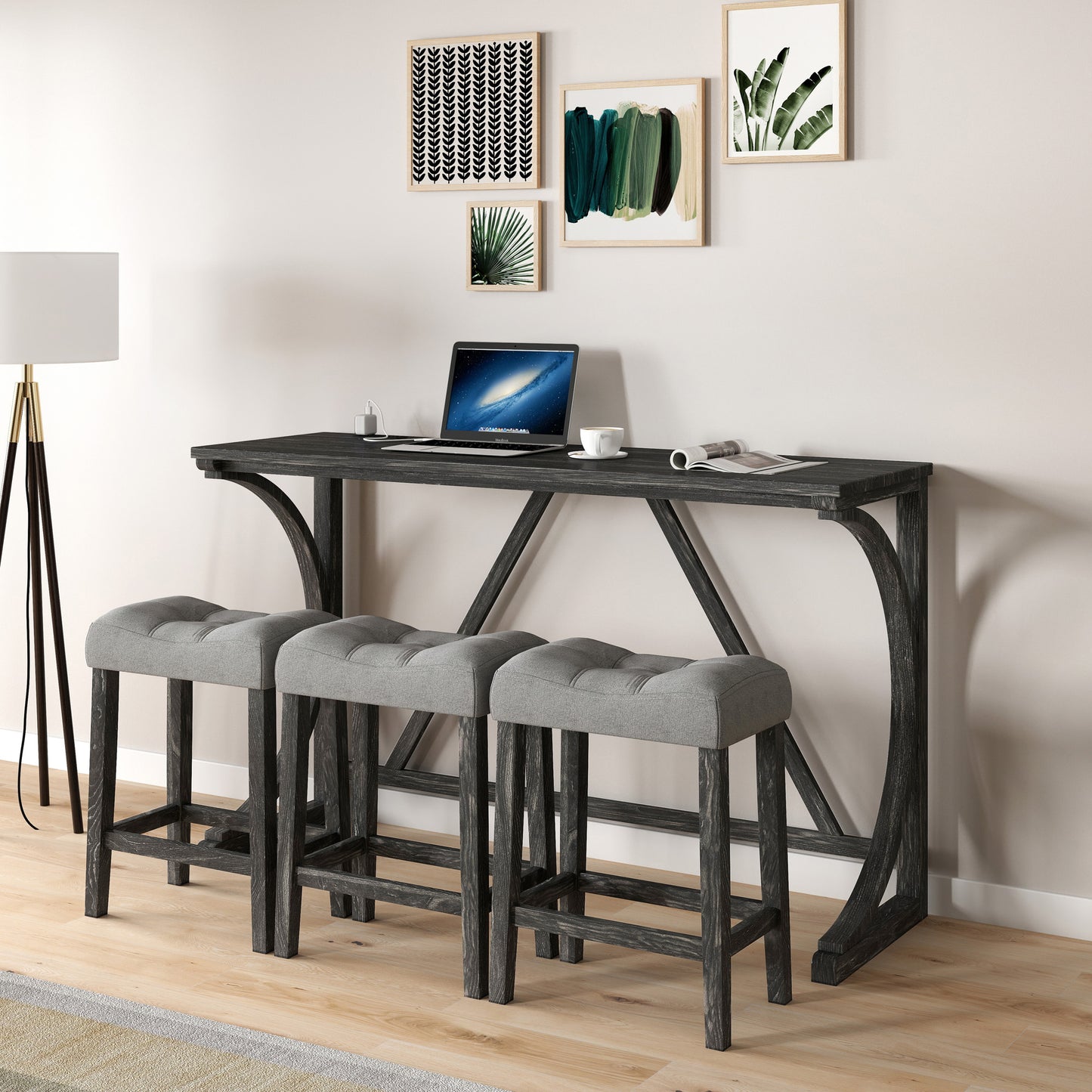 Bar Table Set with Power Outlet, Bar Table and Chairs Set, 4 Piece Dining Table Set, Industrial Breakfast Table Set, for Living Room, Dining Room, Game Room