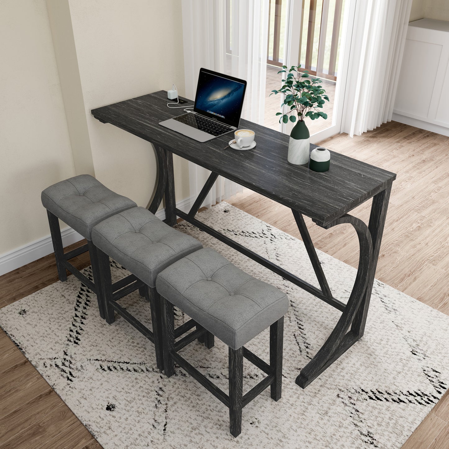 Bar Table Set with Power Outlet, Bar Table and Chairs Set, 4 Piece Dining Table Set, Industrial Breakfast Table Set, for Living Room, Dining Room, Game Room