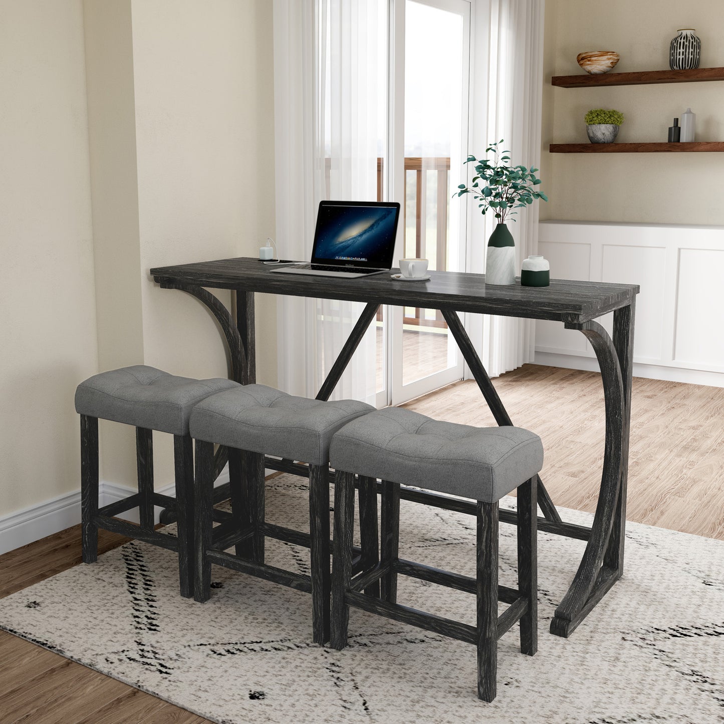 Bar Table Set with Power Outlet, Bar Table and Chairs Set, 4 Piece Dining Table Set, Industrial Breakfast Table Set, for Living Room, Dining Room, Game Room