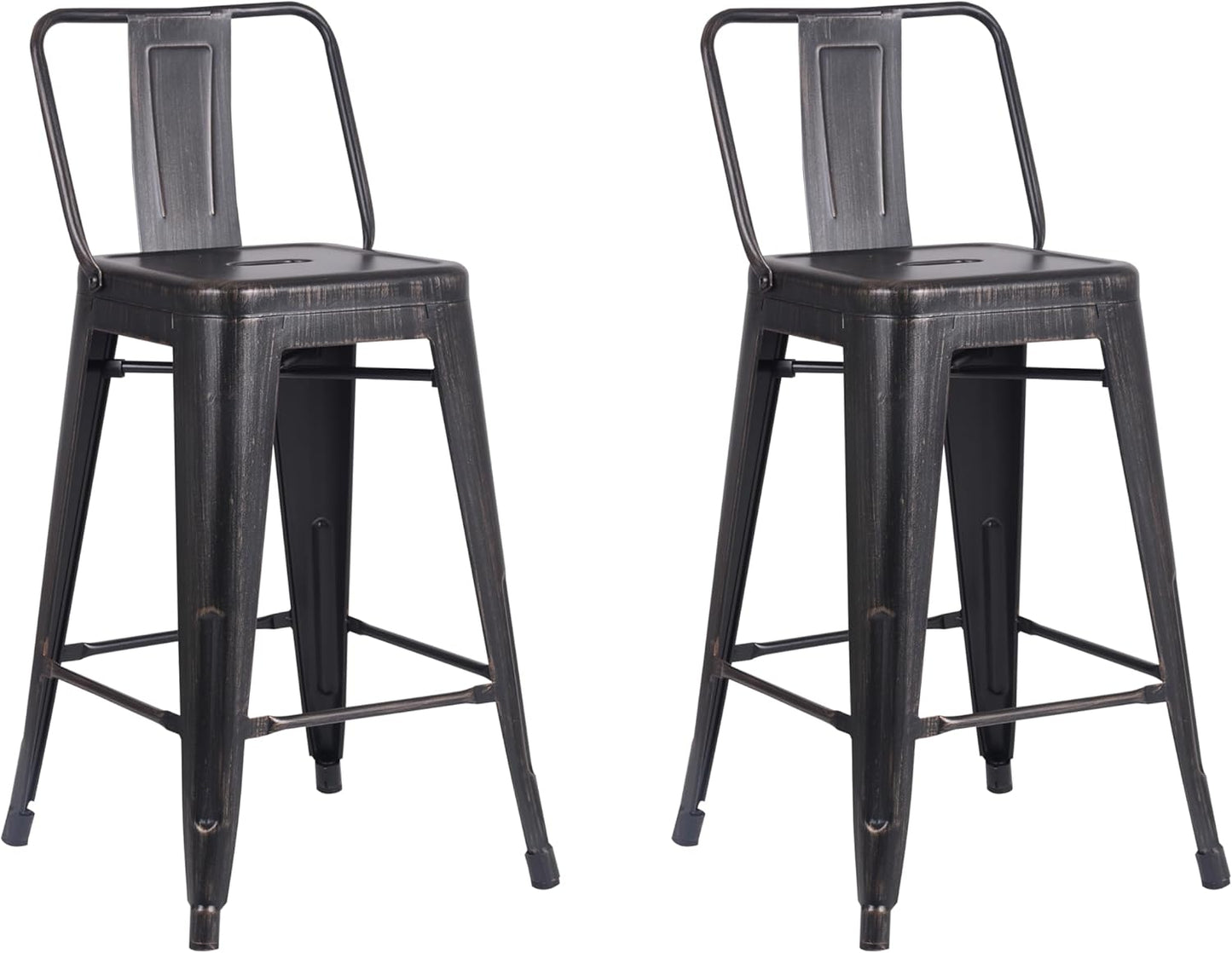 Modern Light Weight Industrial Contemporary Rustic Vintage Costal Metal Barstools with Bucket Back and 4 Leg Design, (Set of 2) (24" Seat, Distressed Black)
