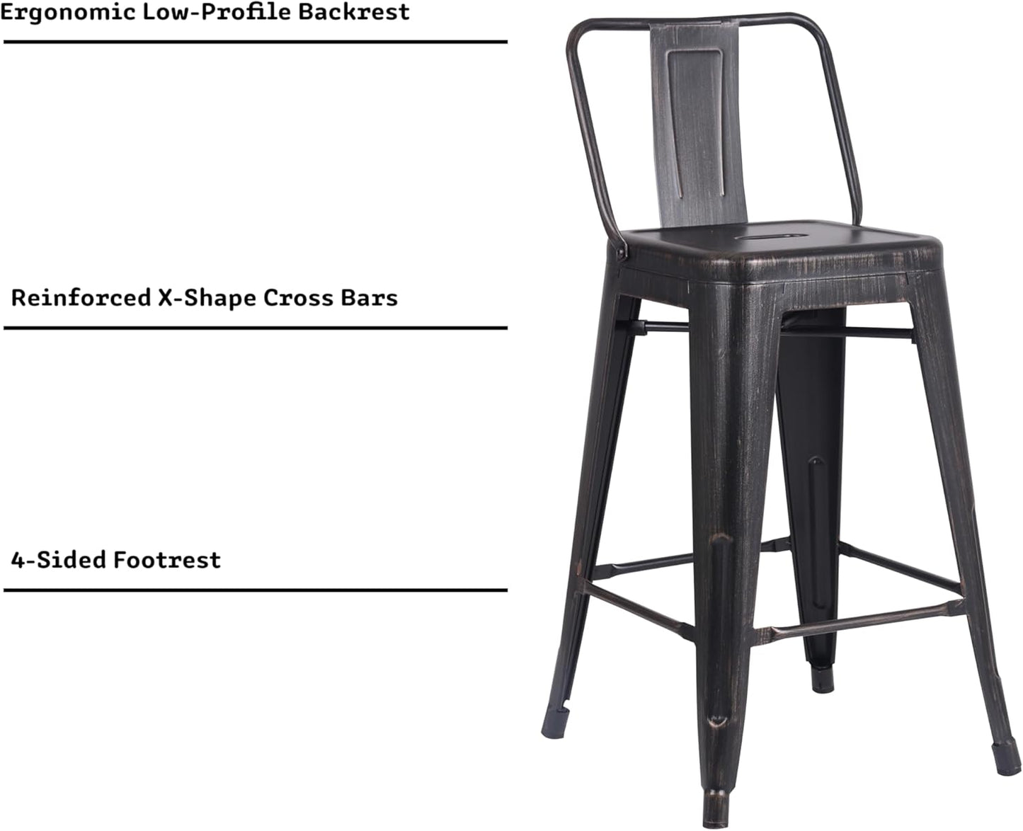Modern Light Weight Industrial Contemporary Rustic Vintage Costal Metal Barstools with Bucket Back and 4 Leg Design, (Set of 2) (24" Seat, Distressed Black)