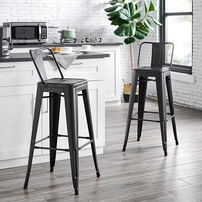 Modern Light Weight Industrial Contemporary Rustic Vintage Costal Metal Barstools with Bucket Back and 4 Leg Design, Seat Bar Stools (Set of 2) (30" Seat, Distressed Black)