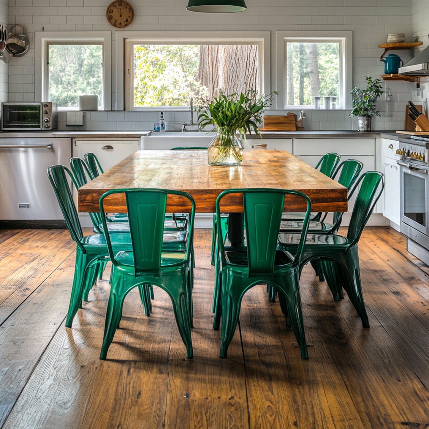 Set of 2 High Gloss Green Industrial Metal Dining Chairs 18 Inch Seat Height Stackable Indoor Outdoor, Lightweight Easy-Clean Surface, Easy Assembly, Durable Modern Design, For Kitchen Cafe Bar