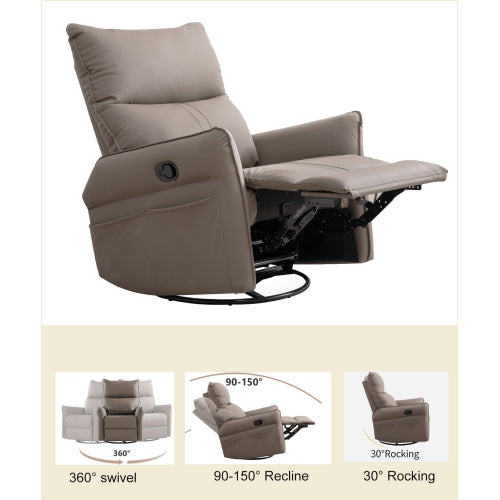 PU Rocking Recliner Chair,360° Swivel Nursery Rocking Chair,Glider Chair,Modern Small Rocking Swivel Recliner Chair for Bedroom,Living Room Chair Home Theater Seating,Side Pocket(Brown+360° Swivel)