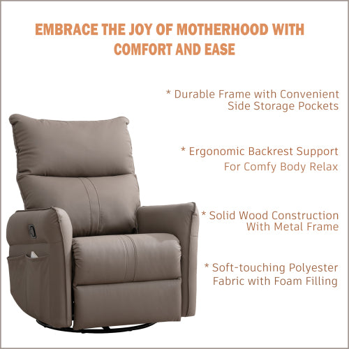 PU Rocking Recliner Chair,360° Swivel Nursery Rocking Chair,Glider Chair,Modern Small Rocking Swivel Recliner Chair for Bedroom,Living Room Chair Home Theater Seating,Side Pocket(Brown+360° Swivel)