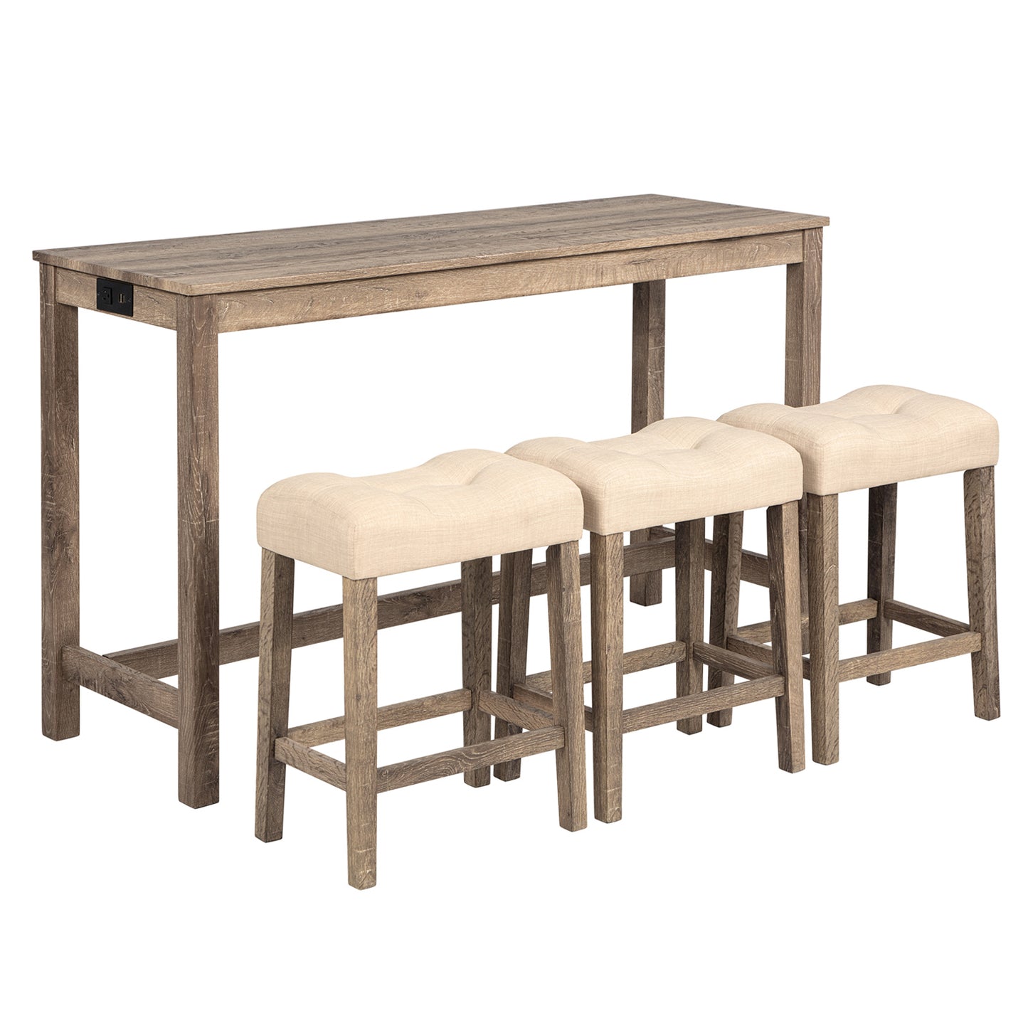 4-Piece Bar Table Set with Power Outlet, Dining Bar Table and Chairs Set,Bar Table Set with 3 Padded Stools for Living Room, Dining Room, Game Room, Brown