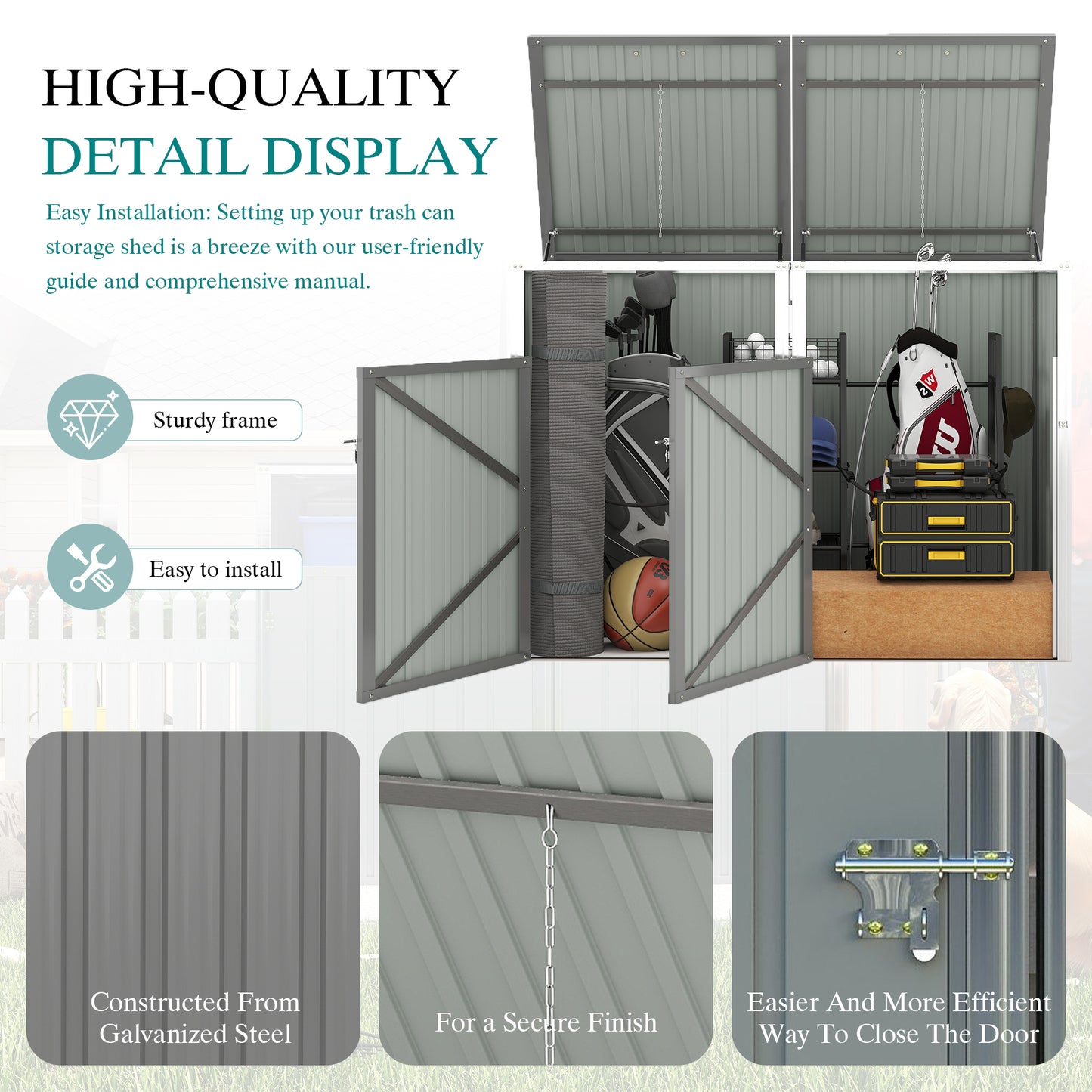 Garbage Bin Shed Stores 2 Trash Cans Metal Outdoor Bin Shed for Garbage Storage,54 cubic feet of space,Stainless Galvanized Steel, Bin Shed for Garden Yard Lawn,Grey