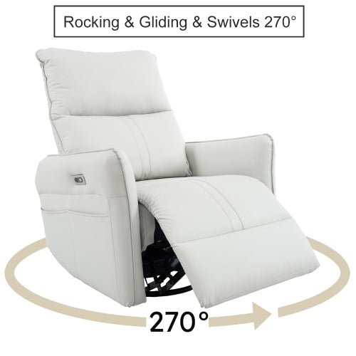270° Power Swivel Rocker Recliner Chair, PU Leather Electric Glider Reclining Sofa with USB Ports, Power Swivel Glider, Rocking Chair,Nursery Recliners for Living Room Bedroom(Light Gray+270°Swivel)