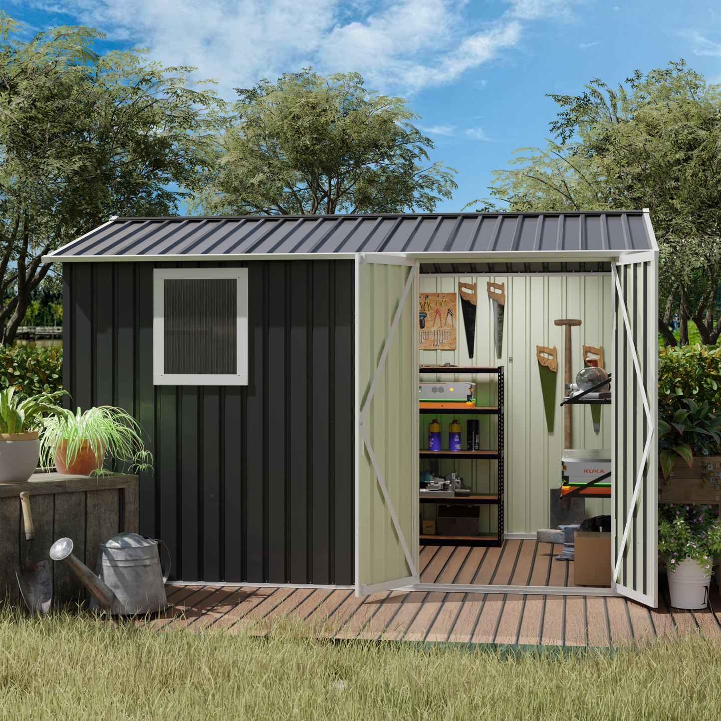 9*6 FT Metal Garden Shed for Patio Backyard Tools House Storage Shed with One Window 9.5 x 6.7FT