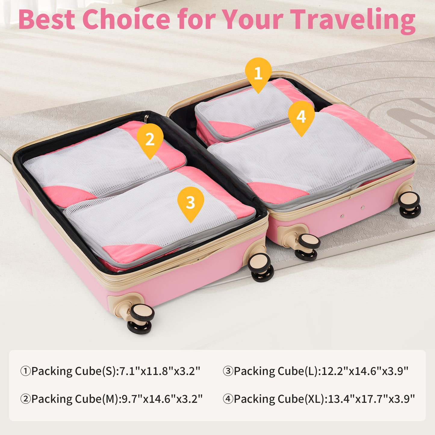 4 Piece Luggage Set with Compression Packing Cubes for Suitcase Expanable Spinner Wheels Lightweight Suitcase with TSA Lock 16 IN+20IN+24IN+28IN