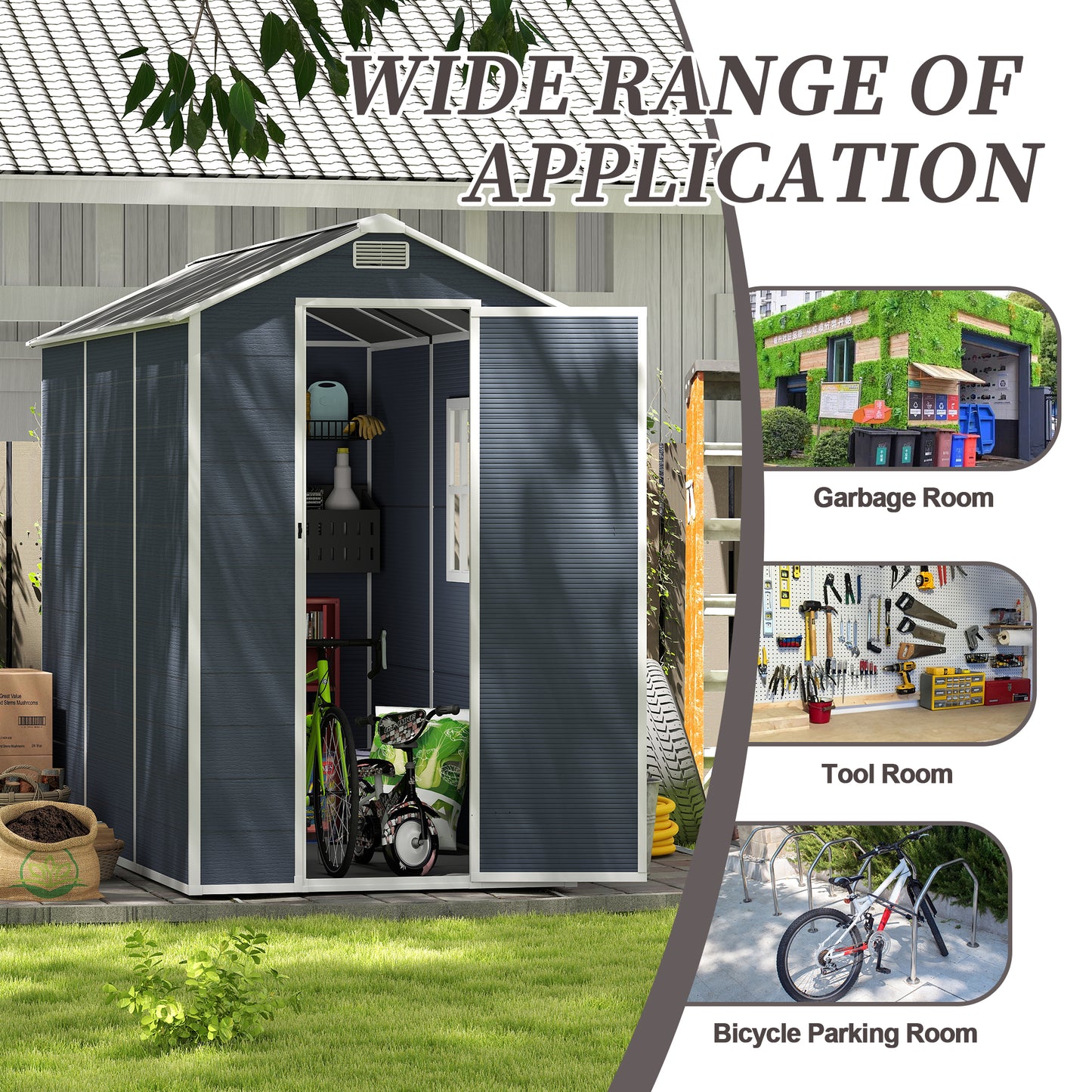 4*8ft resin storage shed, high quality pp material,strong structure,Outside Sheds, waterproof, rust and UV proof, large storage space, 12mm thick pp board, HD window lighting Dark gray