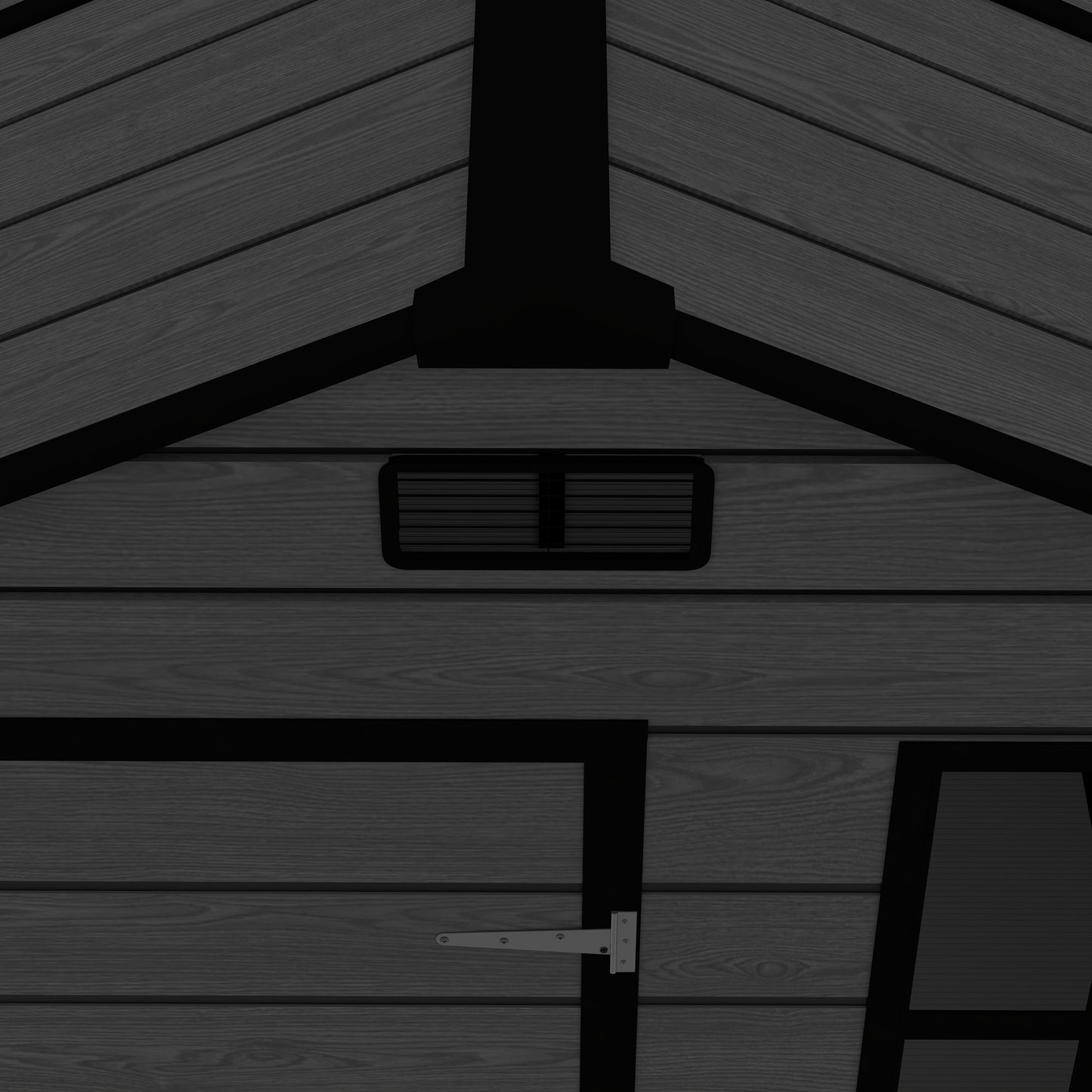 6*6ft resin storage shed, high quality pp material, strong structure, waterproof, rust and UV proof, large storage space, 12mm thick pp board, HD window lighting Black wood grain color