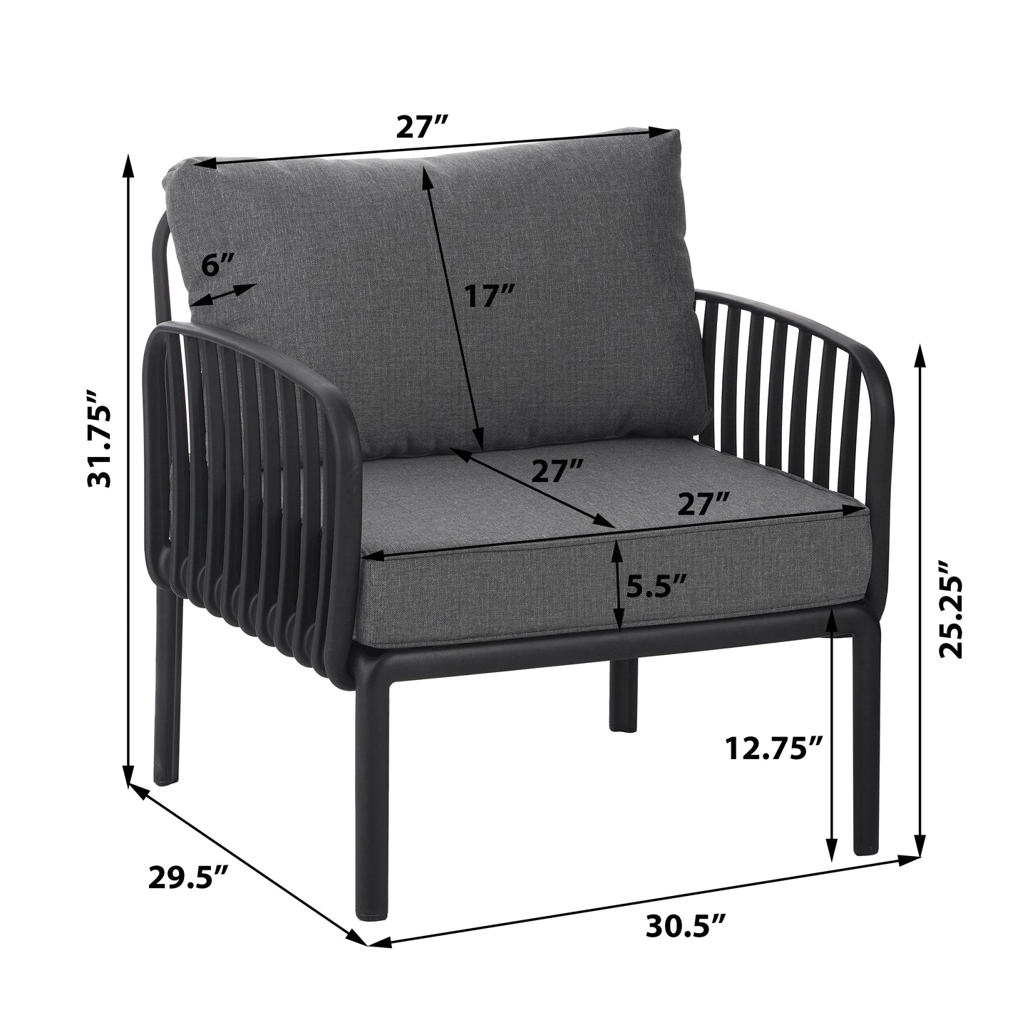 Outdoor Patio Club Chair, Modern Patio Furniture, Waterproof Thick Cushion Deep Seating for Porch, Balcony, Black & Dark Gray