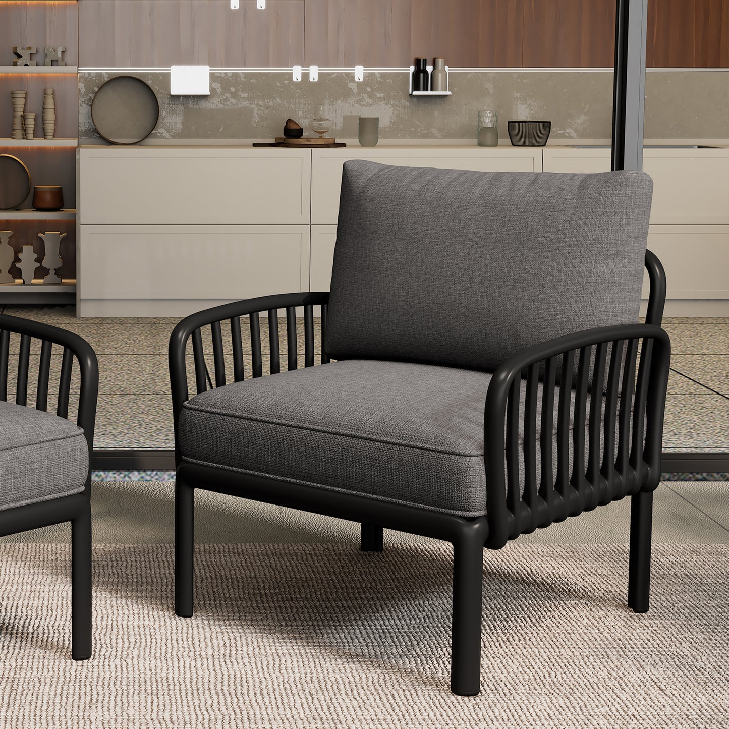 Outdoor Patio Club Chair, Modern Patio Furniture, Waterproof Thick Cushion Deep Seating for Porch, Balcony, Black & Dark Gray
