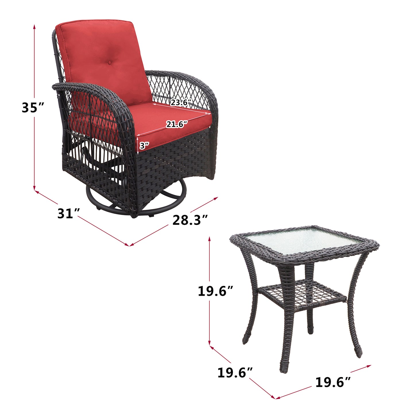 3 Pieces Conversation Set, Outdoor Wicker Rocker Swivel Patio Bistro Set, Rocking Chair with Glass Top Side Table,Red