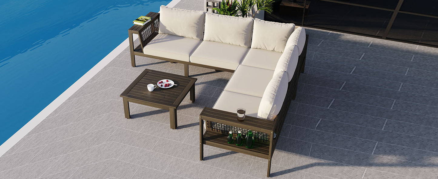 GO 4 Pieces Outdoor Acacia Wood Sofa Set, Woven Mesh Armrests, L-Shaped Patio Furniture Sofa Set with Coffee Table, Outdoor Conversation Set with Beige Cushions and Side Table
