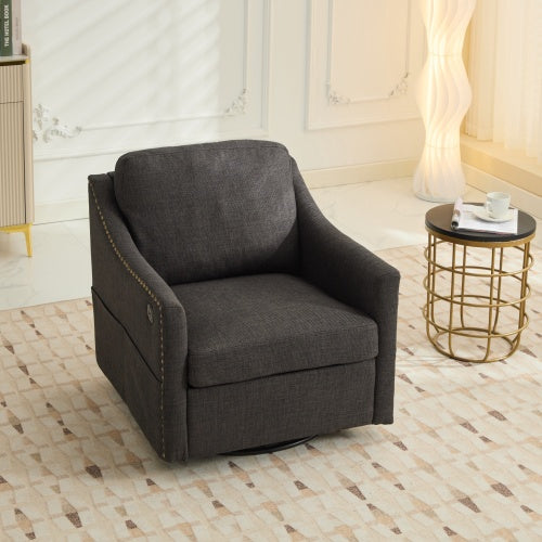 dark grey 360 degree swivel rotating accent chair with USB and magazine book for living room and hotel bed room,upholstered accent chair with cooper nail