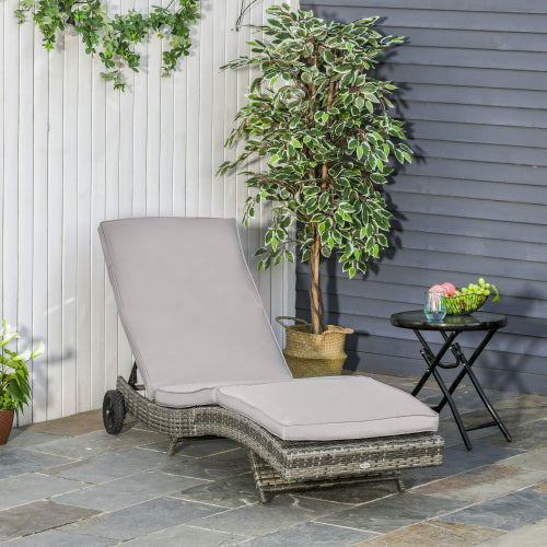 Outsunny Chaise Lounge Pool Chair, Outdoor PE Rattan Cushioned Patio Sun Lounger w/ 5-Level Adjustable Backrest & Wheels for Easy Movement, Wicker, Gray