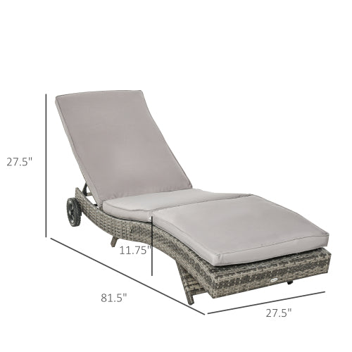 Outsunny Chaise Lounge Pool Chair, Outdoor PE Rattan Cushioned Patio Sun Lounger w/ 5-Level Adjustable Backrest & Wheels for Easy Movement, Wicker, Gray