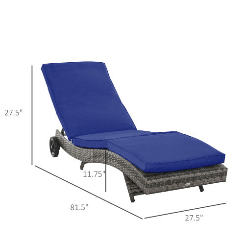 Outsunny Chaise Lounge Pool Chair, Outdoor PE Rattan Cushioned Patio Sun Lounger w/ 5-Level Adjustable Backrest & Wheels for Easy Movement, Wicker, Dark Blue