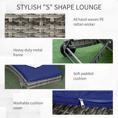 Outsunny Chaise Lounge Pool Chair, Outdoor PE Rattan Cushioned Patio Sun Lounger w/ 5-Level Adjustable Backrest & Wheels for Easy Movement, Wicker, Dark Blue