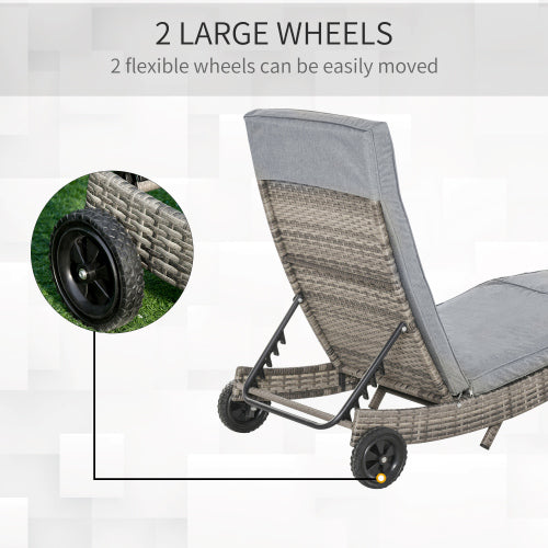 Outsunny Chaise Lounge Pool Chair, Outdoor PE Rattan Cushioned Patio Sun Lounger w/ 5-Level Adjustable Backrest & Wheels for Easy Movement, Wicker, Mixed Gray