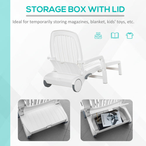 Outsunny Outdoor Chaise Lounge Chair on Wheels with Storage Box, Waterproof Lounger with Quick Assembly, Folding Design, 5 Level Adjustable Backrest for Pool, Beach, Patio, Garden, White
