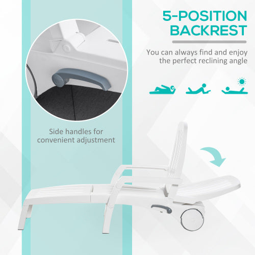 Outsunny Outdoor Chaise Lounge Chair on Wheels with Storage Box, Waterproof Lounger with Quick Assembly, Folding Design, 5 Level Adjustable Backrest for Pool, Beach, Patio, Garden, White
