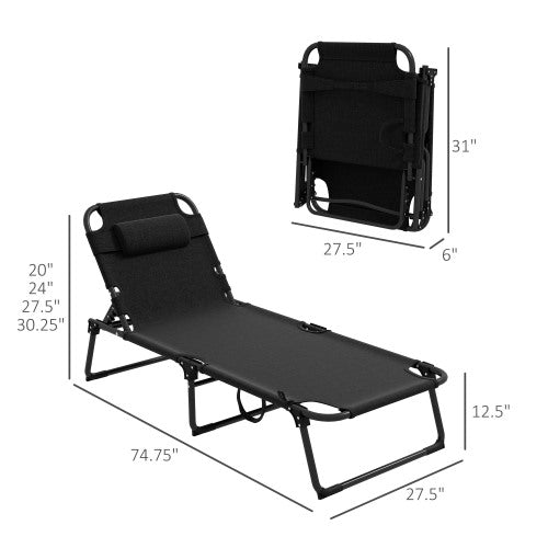 Outsunny Outdoor Chaise, Adjustable Folding Chaise Lounge with 4-position Backrest, Magazine Pocket, Removable Head Pillow, Sun Bathing Lounger Chair for Patio, Beach, Gray
