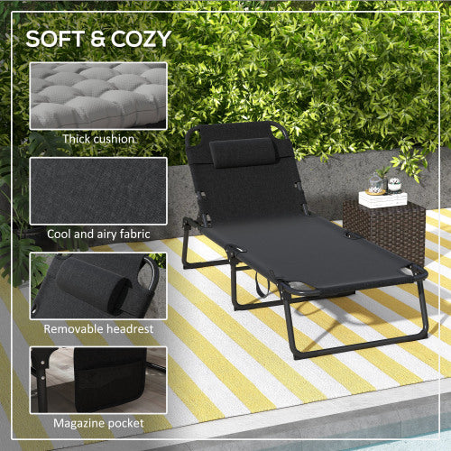 Outsunny Outdoor Chaise, Adjustable Folding Chaise Lounge with 4-position Backrest, Magazine Pocket, Removable Head Pillow, Sun Bathing Lounger Chair for Patio, Beach, Gray