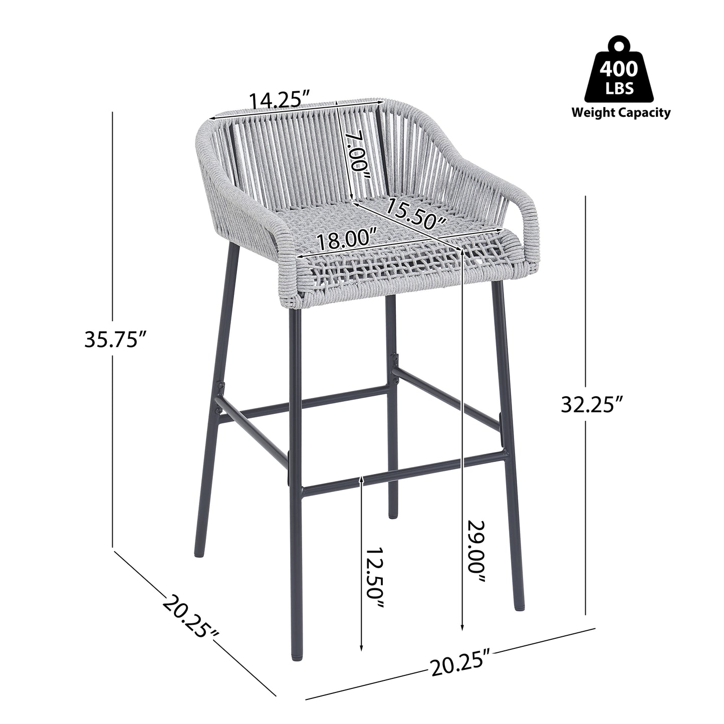 Outdoor Patio Light Gray Rope Bar Stool, Set of 2