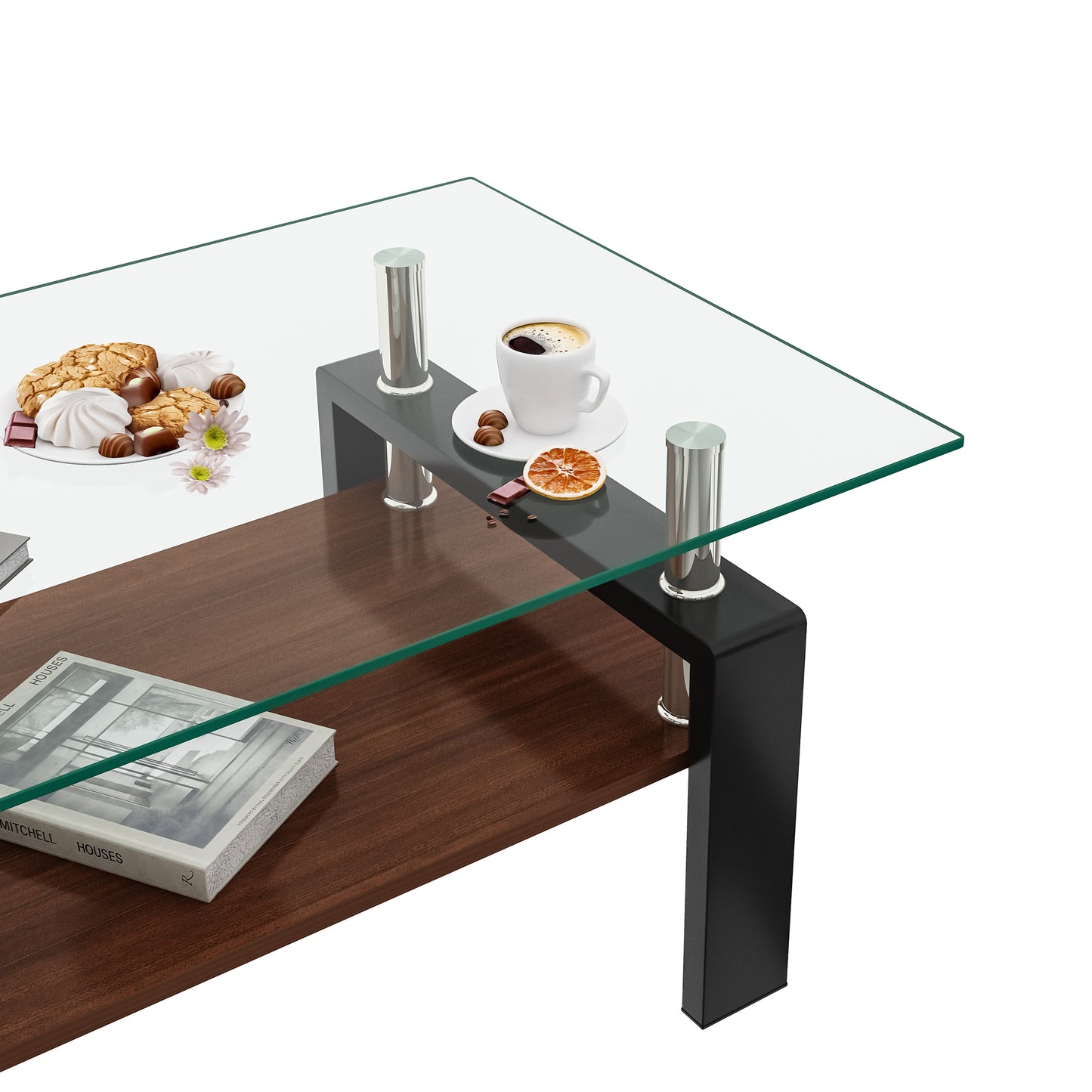 Rectangle Coffee Table, Tempered Glass Tabletop with MDF Layer, Modern Table for Living Room , Transparent Glass