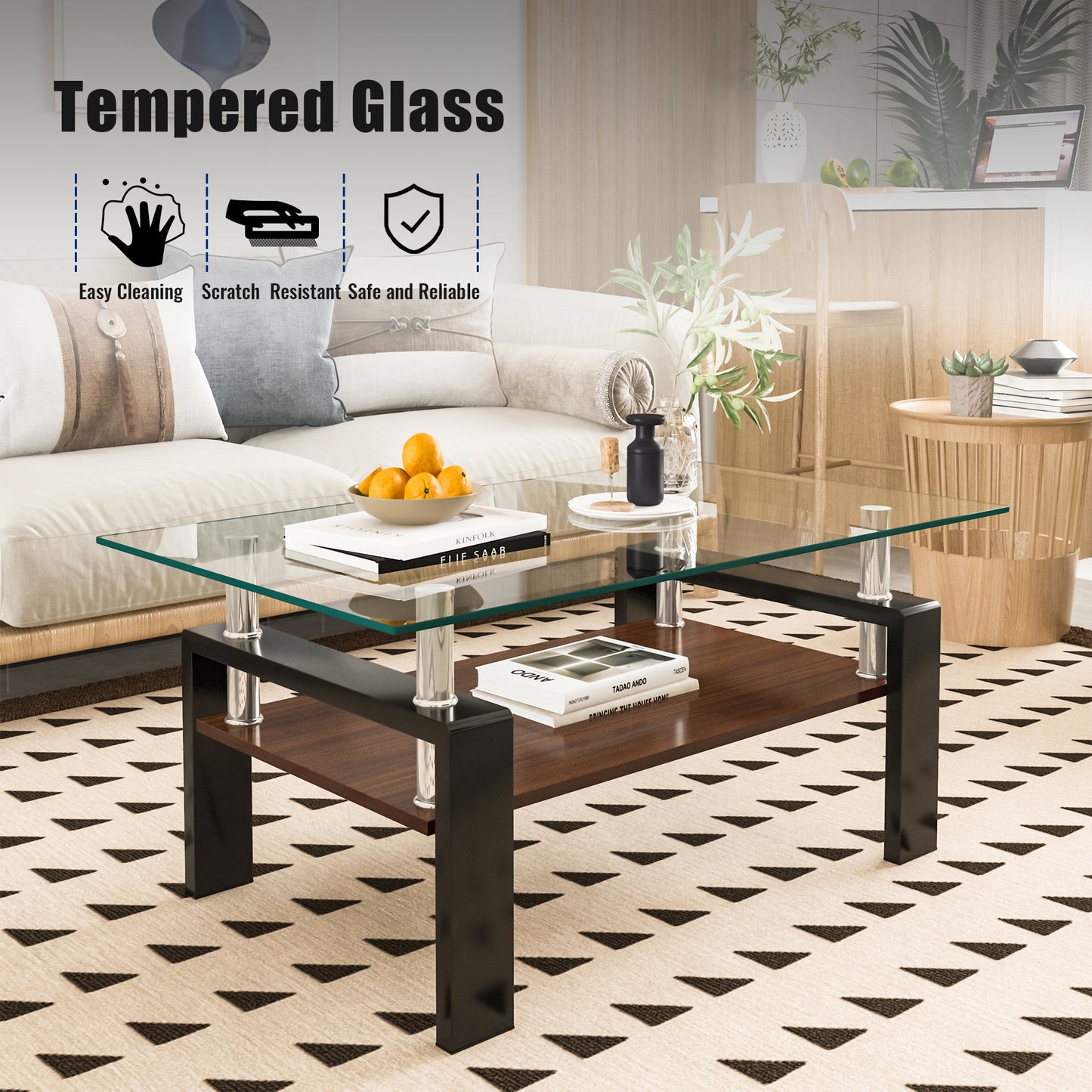 Rectangle Coffee Table, Tempered Glass Tabletop with MDF Layer, Modern Table for Living Room , Transparent Glass