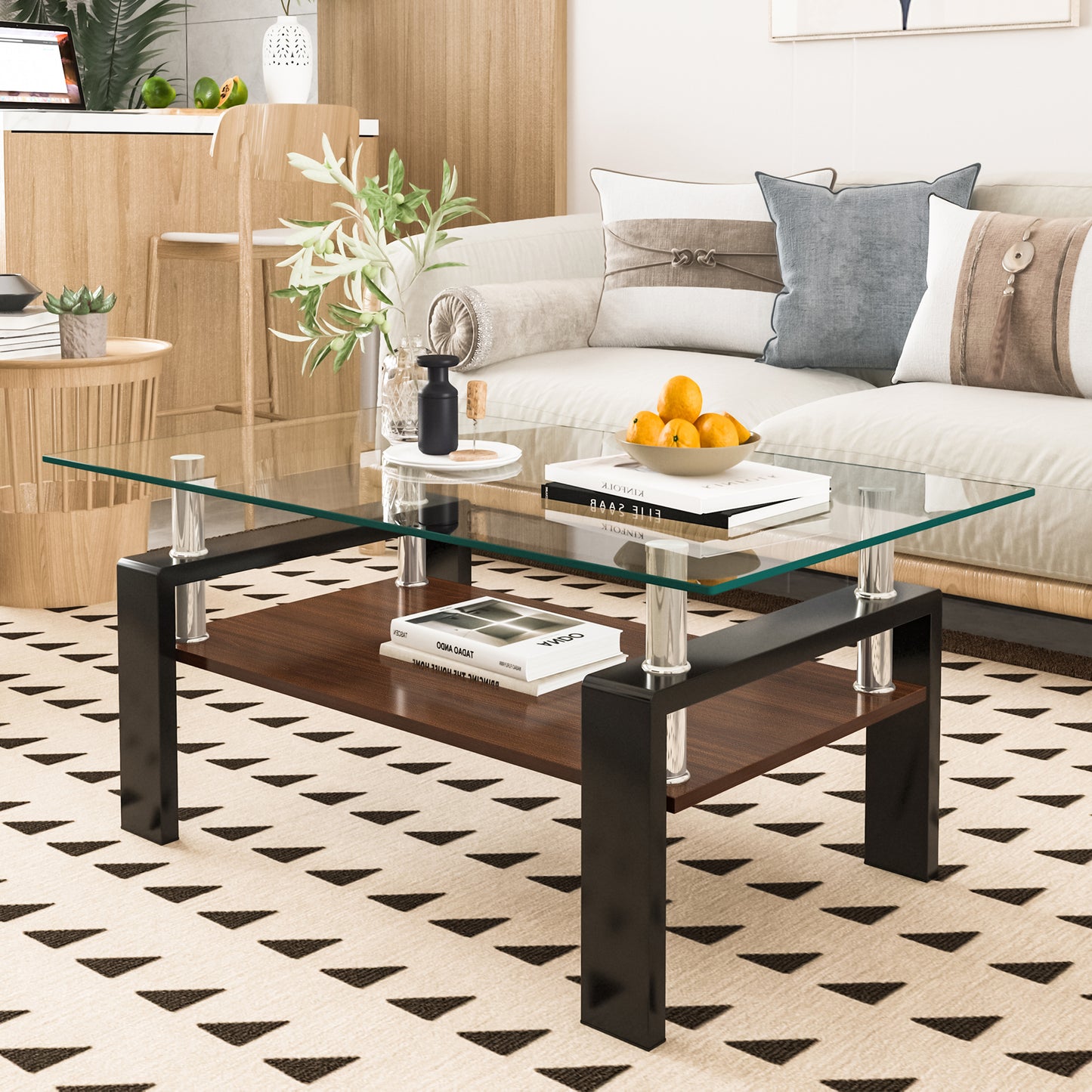 Rectangle Coffee Table, Tempered Glass Tabletop with MDF Layer, Modern Table for Living Room , Transparent Glass