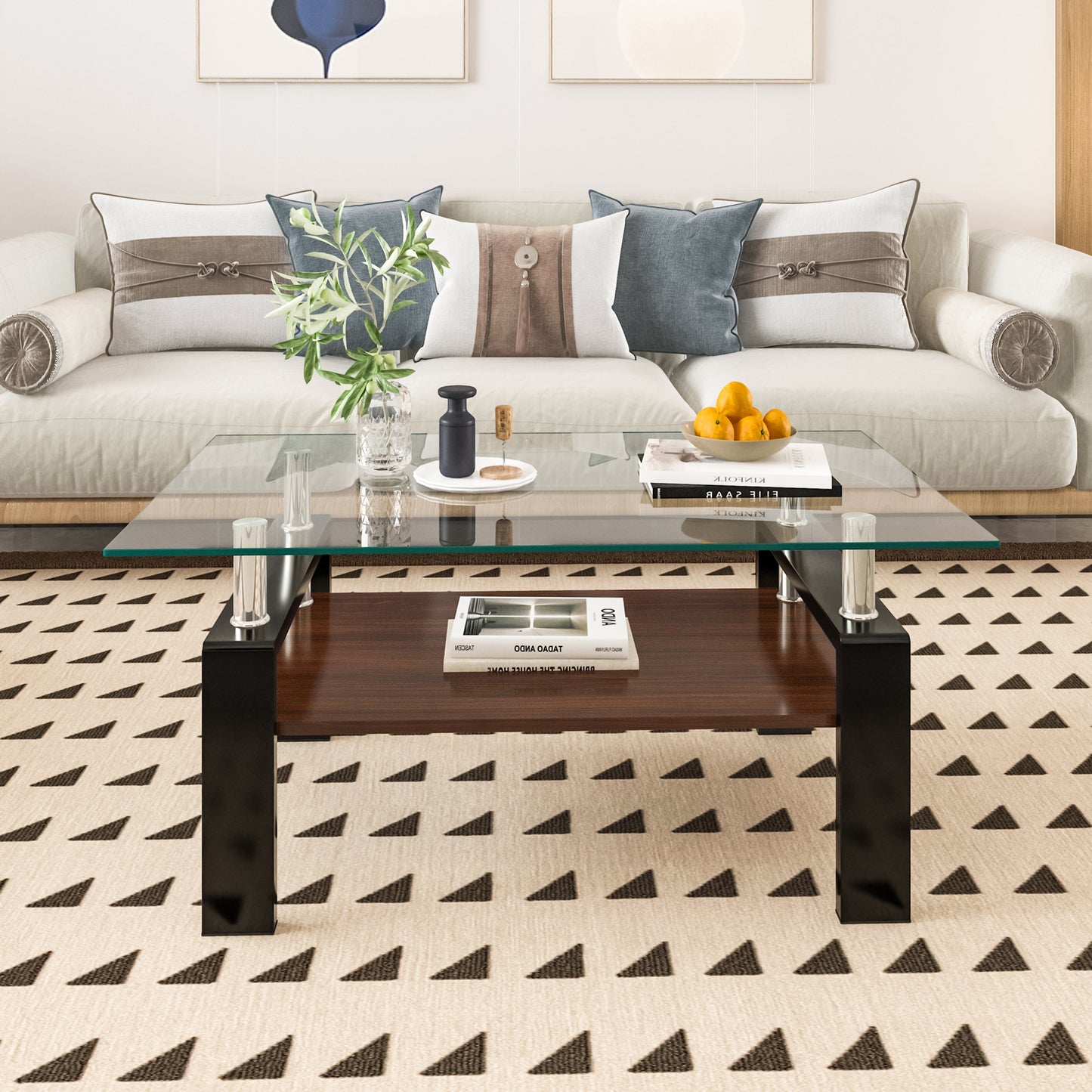 Rectangle Coffee Table, Tempered Glass Tabletop with MDF Layer, Modern Table for Living Room , Transparent Glass