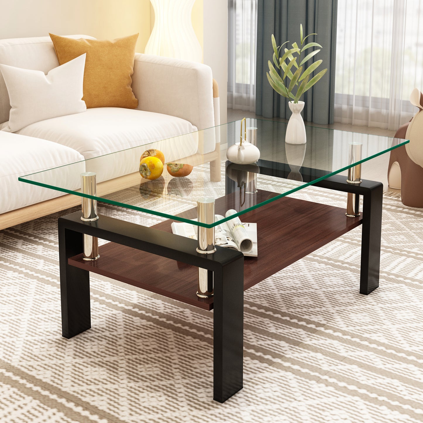 Rectangle Coffee Table, Tempered Glass Tabletop with MDF Layer, Modern Table for Living Room , Transparent Glass