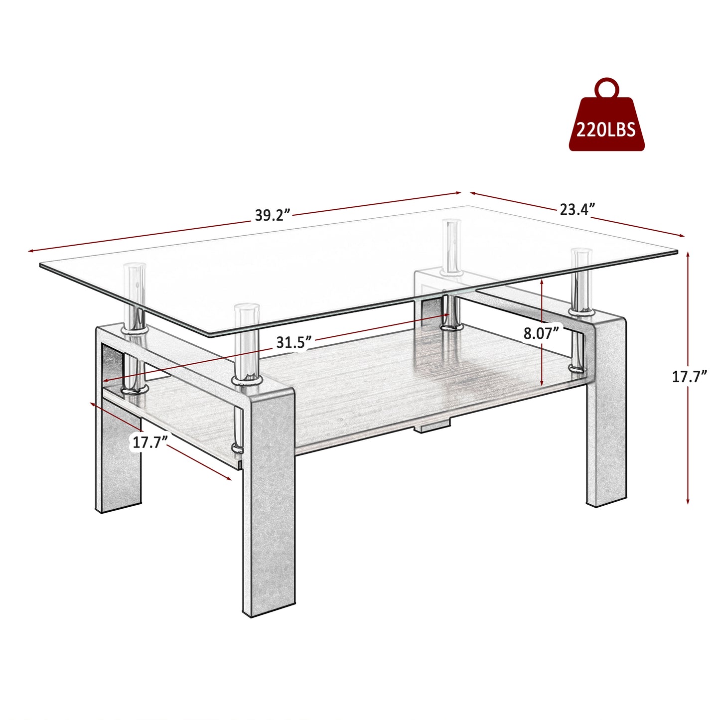 Rectangle Coffee Table, Tempered Glass Tabletop with MDF Layer, Modern Table for Living Room , Transparent Glass