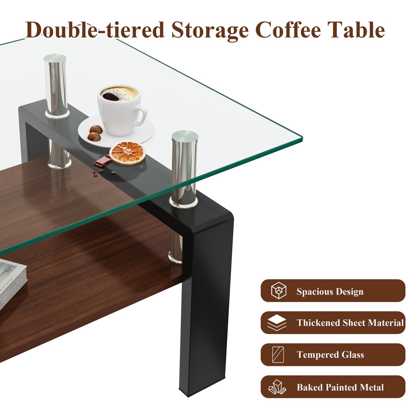 Rectangle Coffee Table, Tempered Glass Tabletop with MDF Layer, Modern Table for Living Room , Transparent Glass