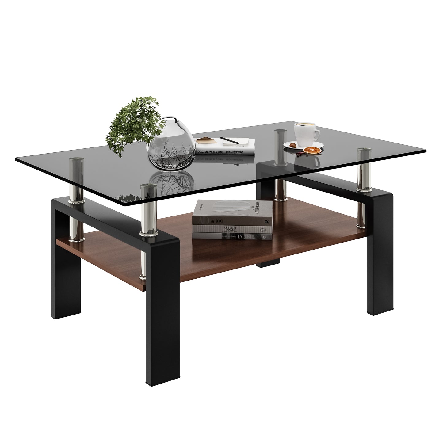 Rectangle Coffee Table, Tempered Glass Tabletop with MDF Layer, Modern Table for Living Room , Gray Glass