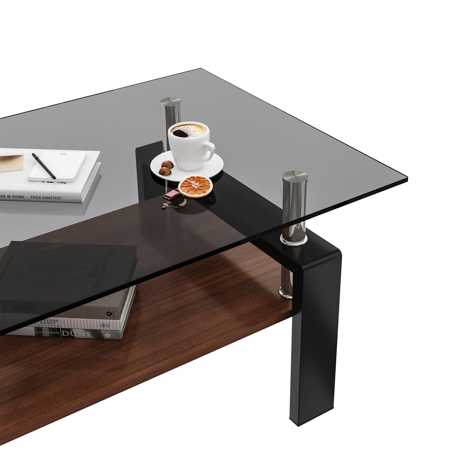 Rectangle Coffee Table, Tempered Glass Tabletop with MDF Layer, Modern Table for Living Room , Gray Glass