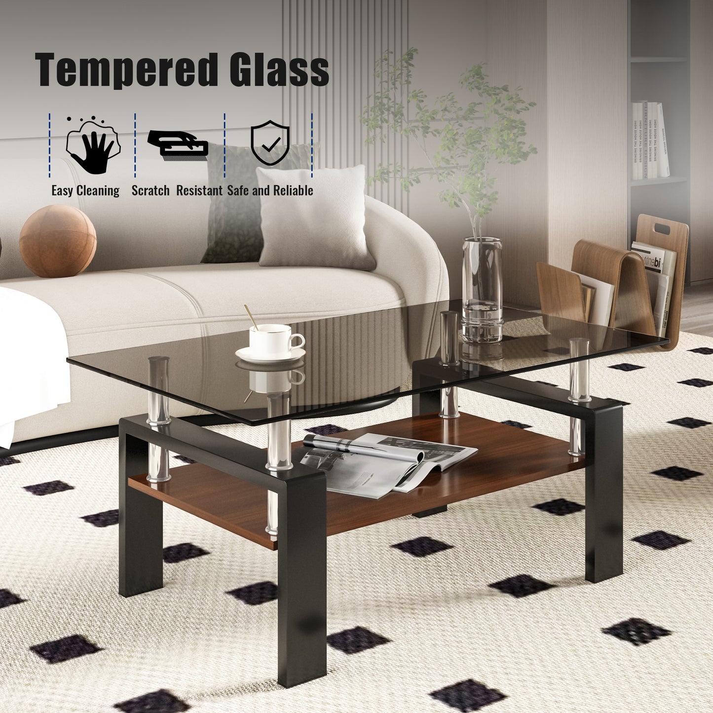 Rectangle Coffee Table, Tempered Glass Tabletop with MDF Layer, Modern Table for Living Room , Gray Glass
